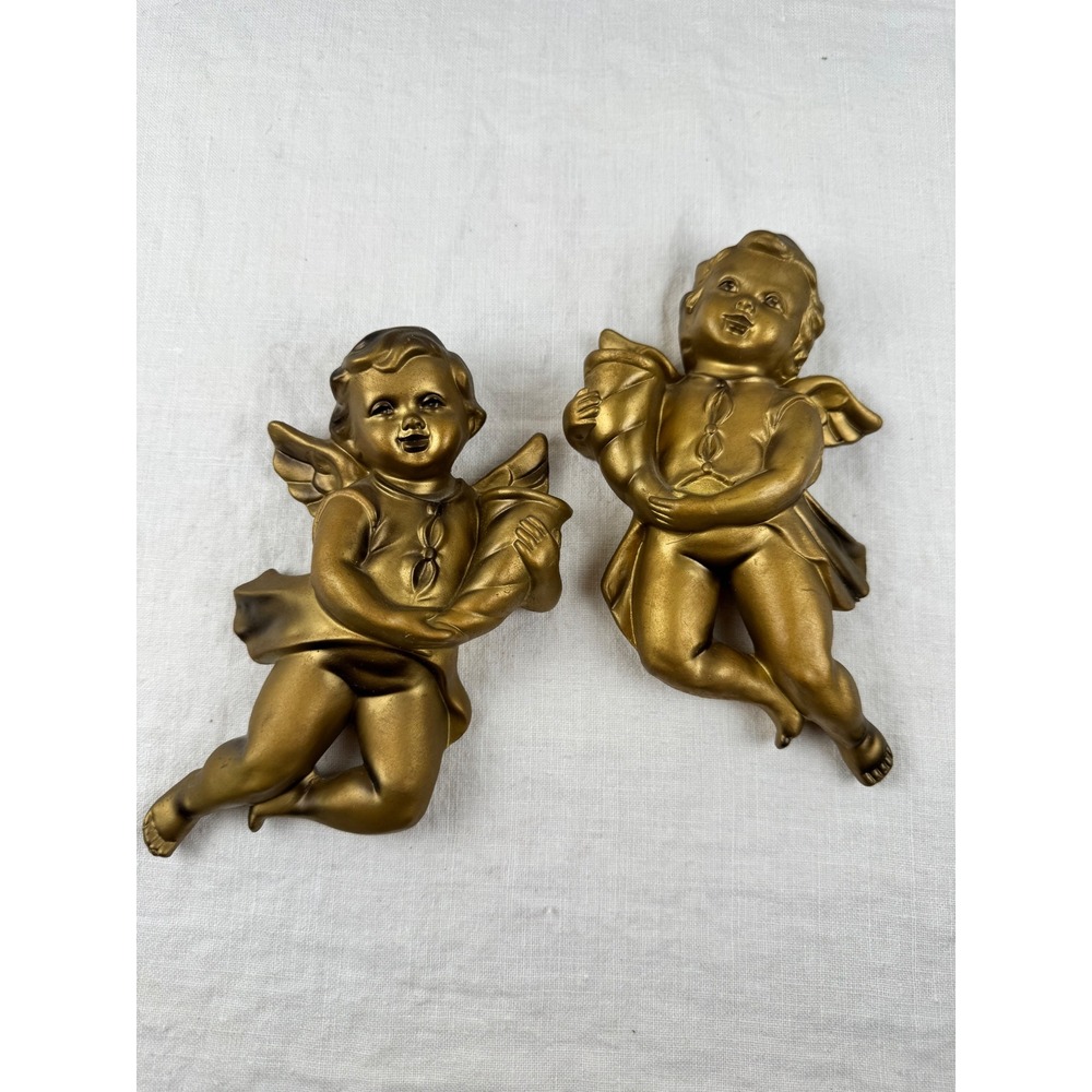 Vintage Gold Cherub Angel Wall Plaques Set 2 Mid Century Hollywood Regency 7"